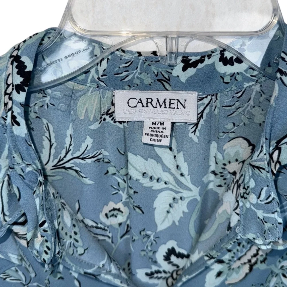 Carmen Marc Valvo Blue Floral Ruffle Blouse Sz M Sleeveless Lightweight Top - Picture 4 of 5